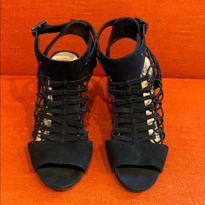 Black leather wedges